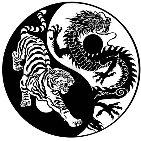 Illustration for Tiger versus Chinese dragon energy in the yin-yang symbol of harmony and balance. Silhouettes of the two celestial feng shui animals. Black and white tattoo. Graphic style vector illustration - Royalty Free Image