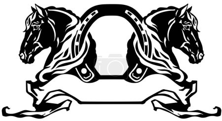 Illustration for Two heads of horses in profile. Silhouette. Logo, banner, emblem with horseshoe and ribbon scroll. Black and white side view vector - Royalty Free Image
