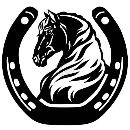 Ilustración de Perfil de la cabeza de caballo en la herradura. Silueta. Vista lateral. Logo. icono, emblema. Ilustración vectorial en blanco y negro - Imagen libre de derechos