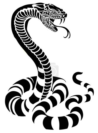 Ilustración de Serpiente venenosa en posición defensiva. Postura de ataque. Silueta. Ilustración vectorial de estilo tatuaje blanco y negro - Imagen libre de derechos