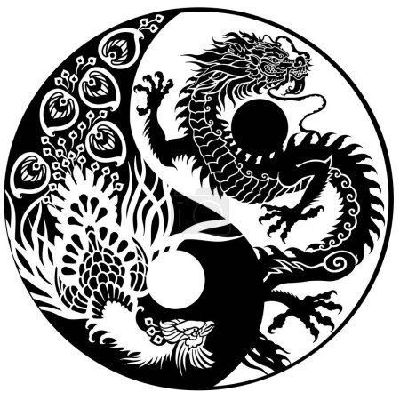Dragon chinois et phénix Feng Huang dans le symbole yin-yang. Des silhouettes. Créatures mythologiques traditionnelles de Chine. Tatouage.Animaux célestes feng shui. Illustration vectorielle de style graphique