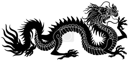Ilustración de Silueta de dragón chino. Criatura mitológica tradicional de Asia Oriental. Tattoo.Celestial feng shui animal. Vista lateral. Ilustración vectorial estilo gráfico - Imagen libre de derechos