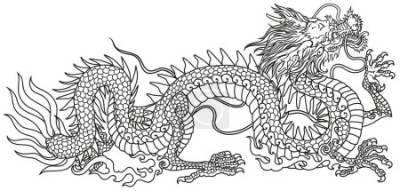 Ilustración de Dragón chino o oriental. Criatura mitológica tradicional de Asia Oriental. Tattoo.Celestial feng shui animal. Vista lateral. Ilustración gráfica del vector lineal - Imagen libre de derechos