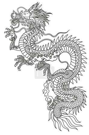 Illustration for Chinese or Eastern dragon . Traditional mythological creature of East Asia. Tattoo.Celestial feng shui animal. Side view. Graphic line art. Isolated vector illustration - Royalty Free Image