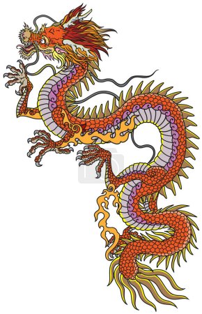 Illustration for Chinese or Eastern red dragon. Traditional mythological creature of East Asia. Tattoo.Celestial feng shui animal. Side view. Graphic style isolated vector illustration - Royalty Free Image