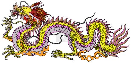Illustration for Chinese or Eastern yellow golden dragon. Traditional mythological creature of East Asia. Tattoo.Celestial feng shui animal. Side view. Graphic style isolated vector illustration - Royalty Free Image
