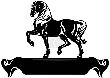Illustration for Heavy draft horse in profile. Silhouette. Logo, banner, emblem with ribbon scroll. Black and white side view vector - Royalty Free Image