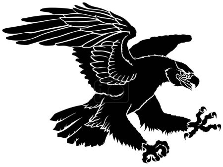 Águila en vuelo. Silueta negra. Aterrizando atacando aves rapaces. Vista lateral. Ilustración vectorial aislada