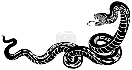 Illustration for Poisonous snake in a defensive position. Attacking posture. Silhouette. Black and white tattoo style vector illustration - Royalty Free Image