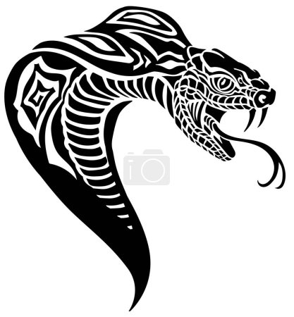 Illustration for Cobra poisonous snake in a defensive position. Head. Attacking posture. Silhouette. Black and white tattoo style vector illustration - Royalty Free Image