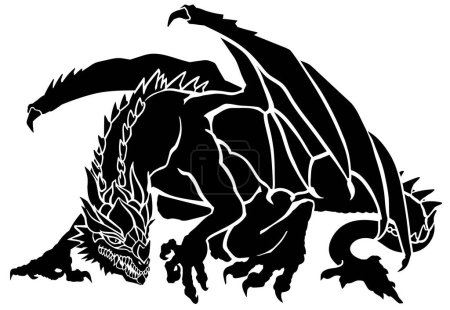 Illustration for Western Dragon. Black silhouette. Classic European mythological creature with bat-type wings. Sitting pose. Graphic style isolated vector illustration - Royalty Free Image