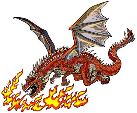 Illustration for Fire-breathing dragon in the flight. Classic European mythological creature with bat-type wings. Side view. Graphic style isolated vector illustration - Royalty Free Image