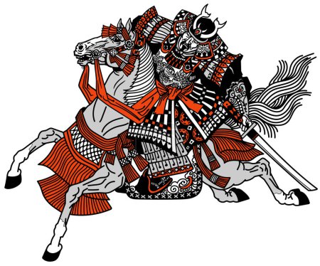 Ilustración de Guerrero de caballería asiática. Jinete samurai japonés sentado a caballo, con armadura de cuero medieval. Soldado medieval de Asia Oriental montando un caballo de caballo en el galope. Vista lateral. Ilustración vectorial negro gris y rojo en estilo gráfico - Imagen libre de derechos