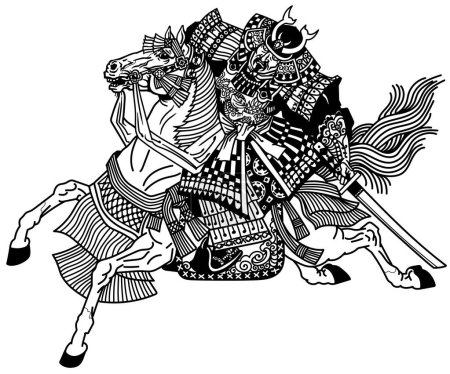 Ilustración de Guerrero de caballería asiática. Jinete samurai japonés sentado a caballo, con armadura de cuero medieval. Soldado medieval de Asia Oriental montando un caballo de caballo en el galope. Vista lateral. Ilustración vectorial en blanco y negro en estilo gráfico - Imagen libre de derechos