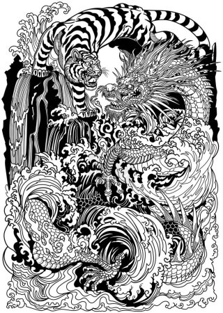 Illustration for Asian dragon and white tiger meetings at a waterfall. Chinese celestial animals. Mythological creatures  looking at each other, surrounded by water waves. Vertical, graphic style vector illustration - Royalty Free Image