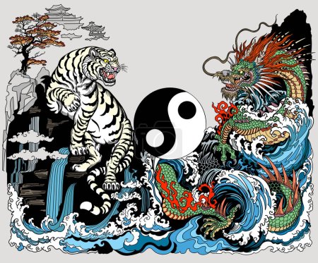 Téléchargez les illustrations : Dragon vert chinois et rencontre tigre blanc à la cascade. Des animaux célestes feng shui. Créatures mythologiques face à face entourées de vagues d'eau. Symbole Yin Yang. Illustration vectorielle dans un style graphique - en licence libre de droit