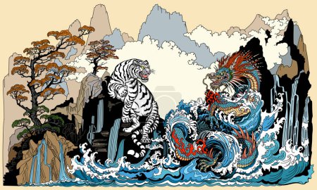 Ilustración de Encuentro de Dragón Azul y Tigre Blanco en la Cascada. Animales celestiales de feng shui. Criaturas mitológicas enfrentadas entre sí rodeadas de olas de agua. Paisaje chino. Ilustración vectorial en estilo gráfico - Imagen libre de derechos