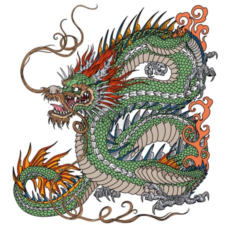 Illustration for Chinese or Eastern green dragon. Traditional mythological creature of East Asia. Tattoo.Celestial feng shui animal. Side view. Graphic style isolated vector illustration - Royalty Free Image