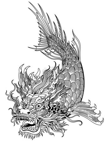 Illustration for Mythological dragon-headed koi carp fish swimming down. Japanese and Chinese mythical creature isolated on white. Graphic style vector illustration. Black and white - Royalty Free Image