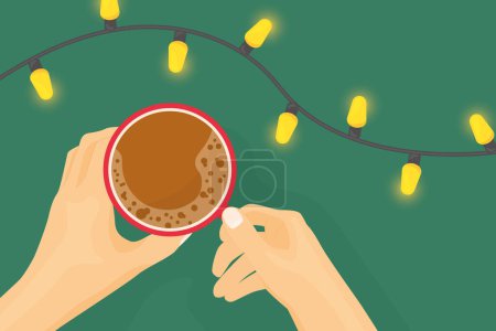 top view composition of hands holding coffee cup and glowing christmas ights- vector illustration
