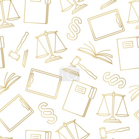 golden seamless pattern with legal advice, court, attorney, law related icons- vector illustration