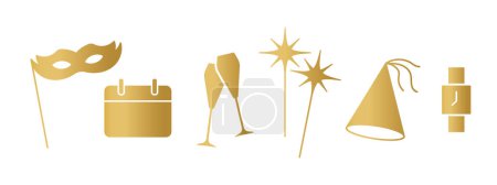 Téléchargez les illustrations : Éléments de célébration du Nouvel An doré : masque de fête, horloge, calendrier, verres à champagne, chapeau de fête, étincelants- illustration vectorielle- illustration vectorielle - en licence libre de droit