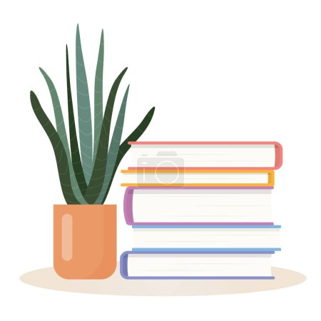 Illustration pour Pile de livres et de plantes d'intérieur vertes illustration vectorielle - image libre de droit