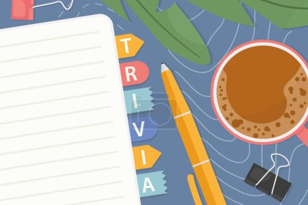Illustration for Trivia word written office note stickers, top view composition with coffee cup, pen, office clips and green houseplant - vector illustration - Royalty Free Image