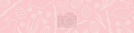 Illustration for Easter banner with daffodils, willow catkins branches, eggs and bunnies - vector illustration - Royalty Free Image