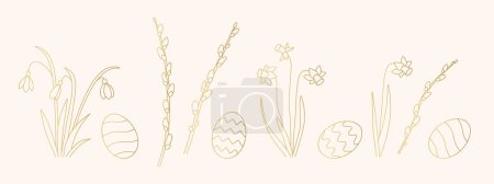 Illustration for Easter golden banner with daffodils, snowdrops, willow catkins branches and eggs - vector illustration - Royalty Free Image