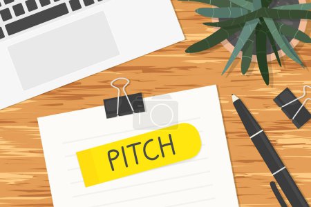 word pitch written on sticky note on office desk, flat lay view- vector illustratio