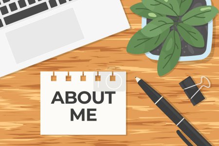 Illustration for About me written on piece of paper on office desk, flat lay view- vector illustratio - Royalty Free Image