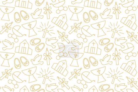 Illustration for Seamless pattern with christian baptism related icons: candle, dove, baby booties, pram, church and baptismal font - vector illustration - Royalty Free Image
