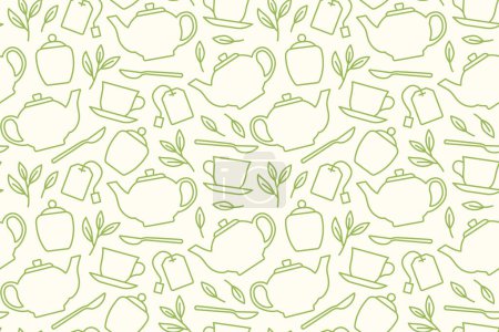 Illustration for Tea seamless pattern with teapot, cup, leaves, sugar bowl, spoon, bag icons  - vector illustration - Royalty Free Image