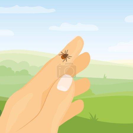 Illustration for Tick on the hand in the park, risk of infection of lyme and tick-borne disease- vector illustration - Royalty Free Image