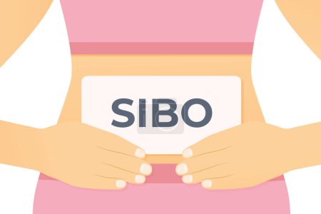 Frau hält Karte mit SIBO-Diagnose (Dünndarmbakterienüberwucherung) am Bauch - Vektorillustration