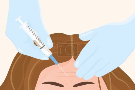 injecting botulinum toxin into a woman's forehead, correction of wrinkles; aesthetic medicine clinic concept- vector illustratio