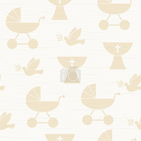 Illustration for Seamless paper texture with holy baptism symbols, baby pram, dove with olive twig and baptismal font- vector illustration - Royalty Free Image