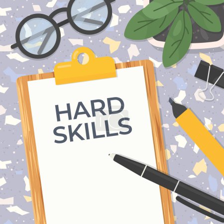 Illustration for Hard skills written on clipboard, flat lay composition on terrazzo table- vector illustration - Royalty Free Image