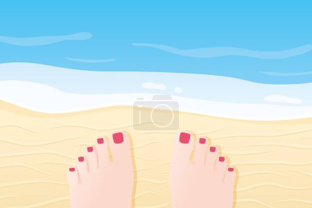 Illustration for Female feet on the tropical beach, top view - vector illustration - Royalty Free Image
