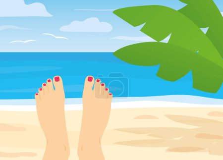 Illustration for Female feet on the tropical beach with palm leaves - vector illustration - Royalty Free Image