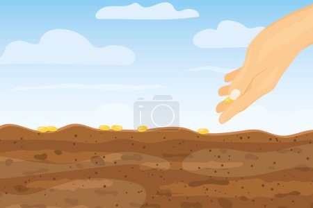 Illustration for Hand sowing seeds to the ground - vector illustration - Royalty Free Image