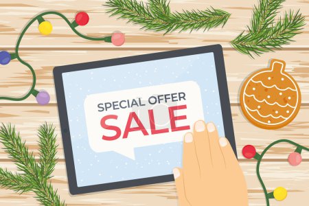 Ilustración de Oferta especial, venta de Navidad en la pantalla de la tableta; luces de Navidad, ramas de abeto y galletas de jengibre ilustración vector - Imagen libre de derechos