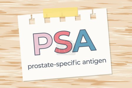 Ilustración de PSA; Antígeno Prostático Específico escrito en una tarjeta de papel sobre fondo de madera - ilustración vectorial - Imagen libre de derechos