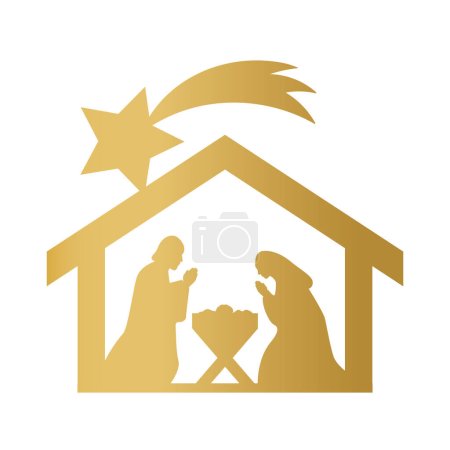 Ilustración de Navidad Belén, Noche Santa: María y José con el niño Jesús en un pesebre, cobertizo y Estrella de Belén icono- ilustración vectorial de oro - Imagen libre de derechos