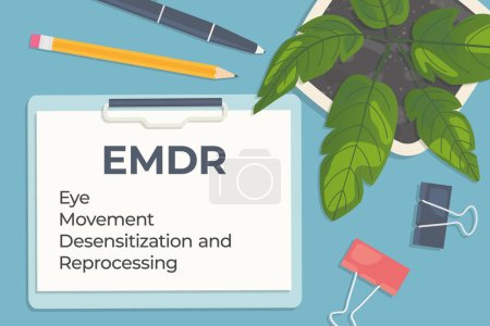 Illustration for EMDR (Eye Movement Desensitization and Reprocessing) therapy written on clipboard, flat lay composition- vector illustration - Royalty Free Image