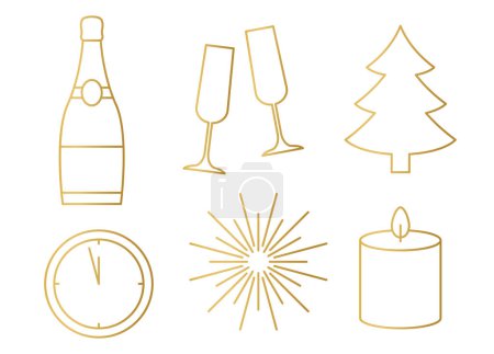 Téléchargez les illustrations : Ensemble d'icônes dorées du Nouvel An : bouteille de champagne et verres, sapin de Noël, horloge, feux d'artifice et illustration vectorielle de bougie - en licence libre de droit