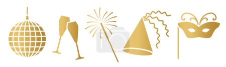 Téléchargez les illustrations : Éléments de célébration du Nouvel An doré : boule disco, verres à champagne, chapeau de fête et masque de carnaval, étincelants- illustration vectorielle- illustration vectorielle - en licence libre de droit