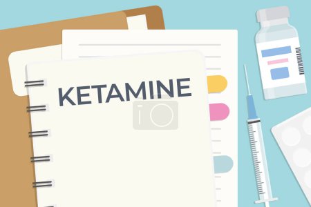 Ilustración de Palabra de ketamina escrita en el cuaderno en espiral, composición plana en el escritorio del médico-vector ilustración - Imagen libre de derechos