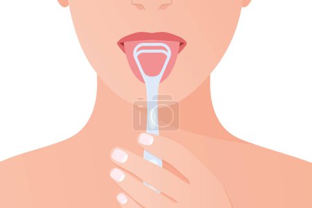 Illustration for Woman using a tongue scraper for cleaning her tongue -vector illustration - Royalty Free Image